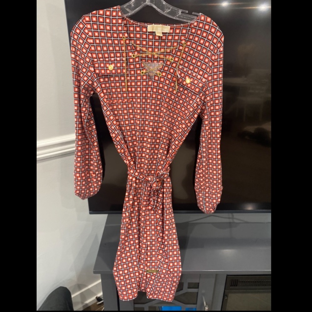 Michael Kors Orange Geometric Chain Belt Dress XS
